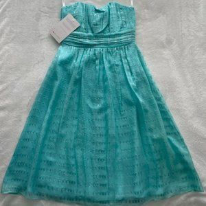 Shoshanna Dress, Strapless, Aqua w Silver Thread
